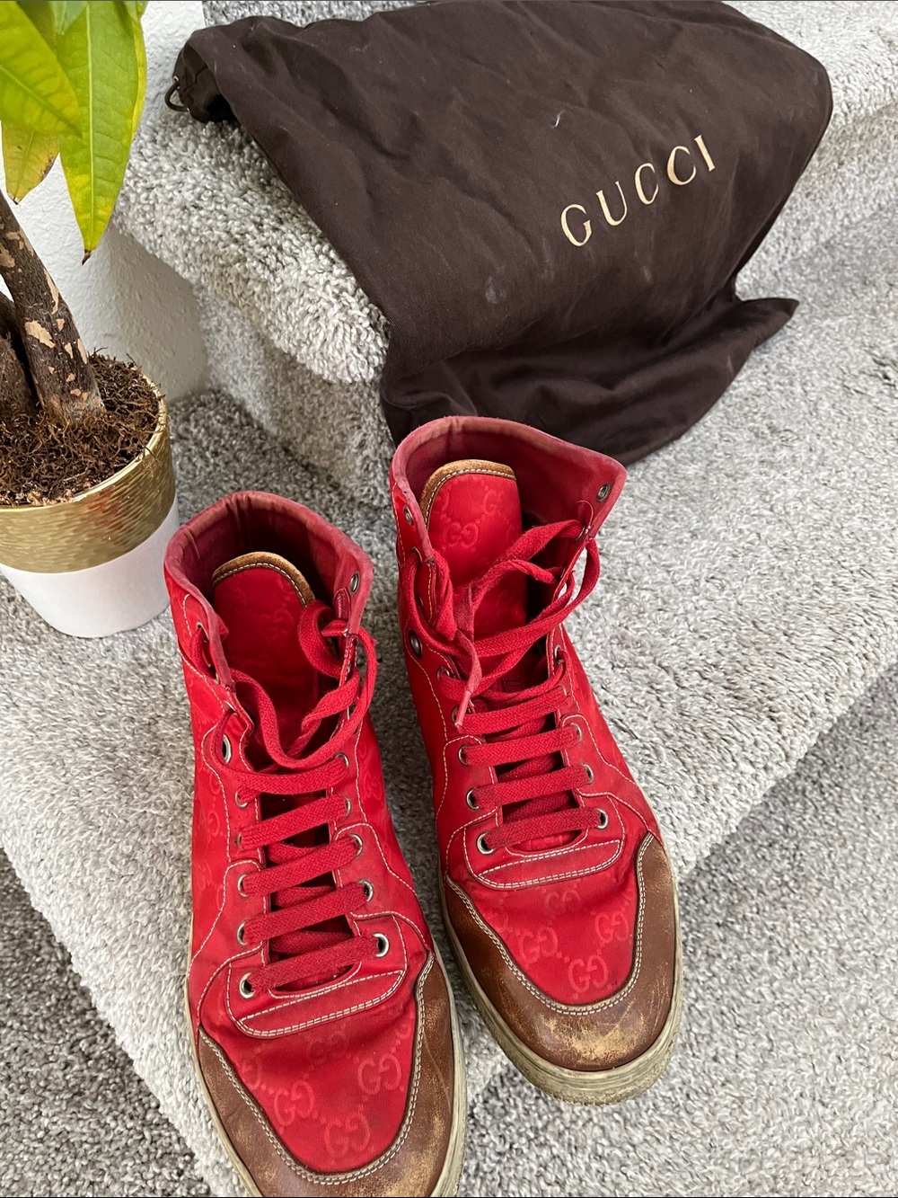 Gucci Mens Red Suede High-Top Sneakers